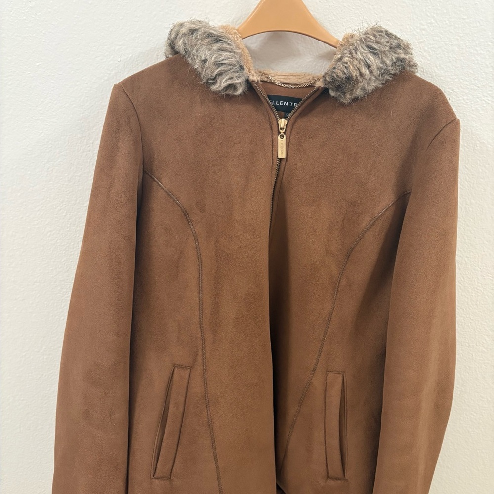Ellen Tracy Tan Jacket with Faux Fur Hood